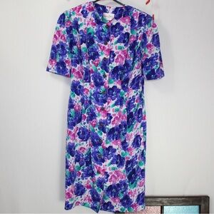 vintage floral button up knee length dress womens 8 petite success dress